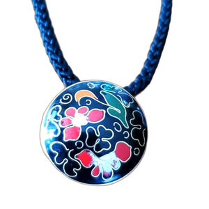 Cloisonne Necklace Florals on Black Black Cord